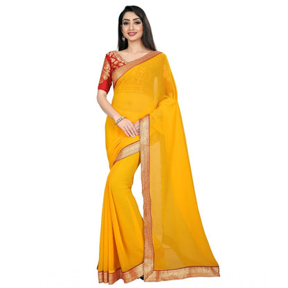 Generic Women's Chiifon, Jacquard Blouse Saree(Yellow,5-6 Mtrs)