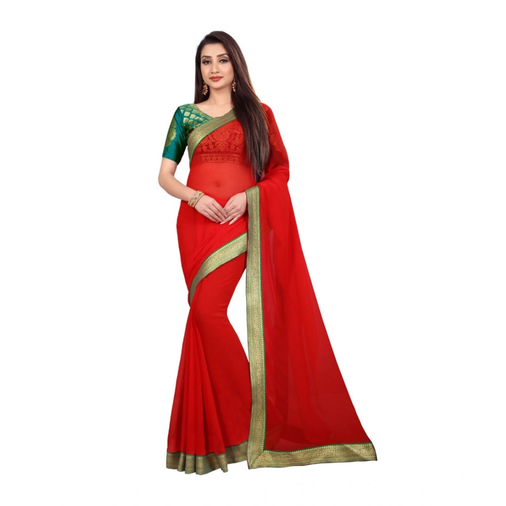 Generic Women's Chiifon, Jacquard Blouse Saree(Red,5-6 Mtrs)