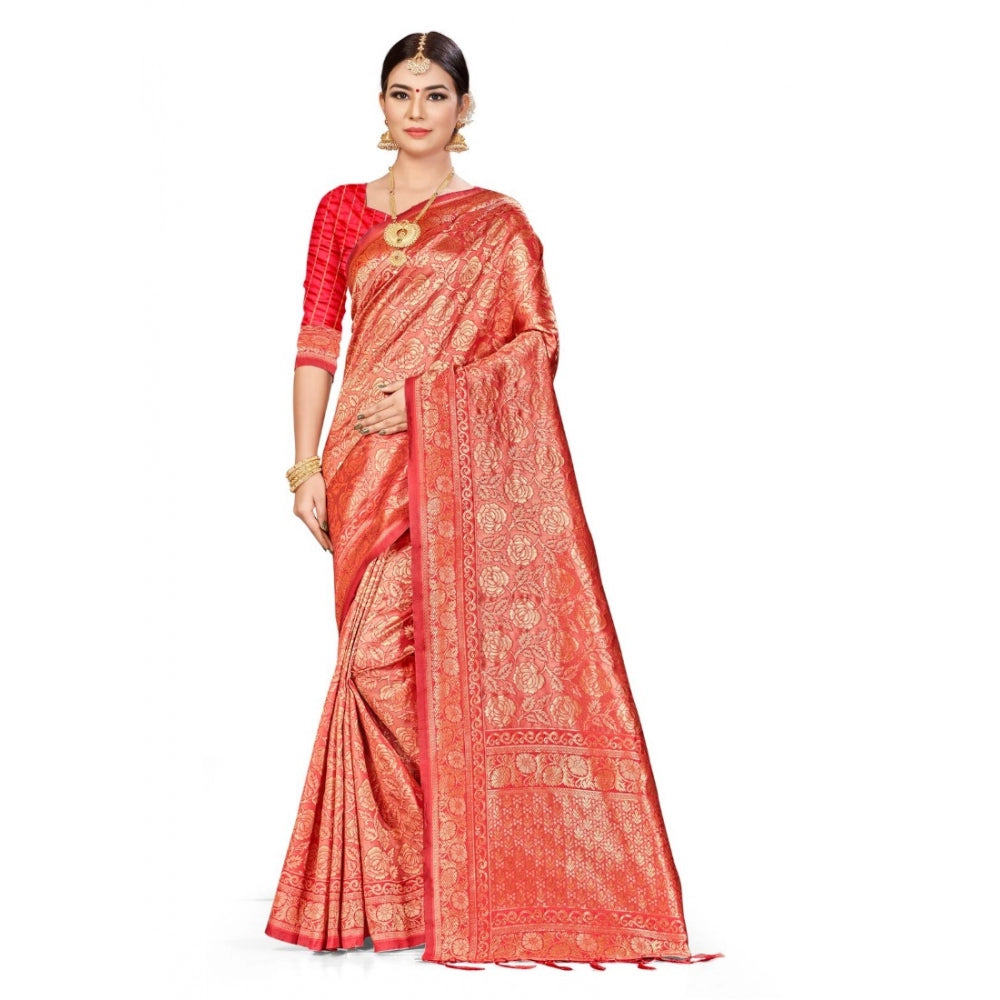 Generic Women's Banarasi Silk Saree (Peach,5-6 Mtrs)