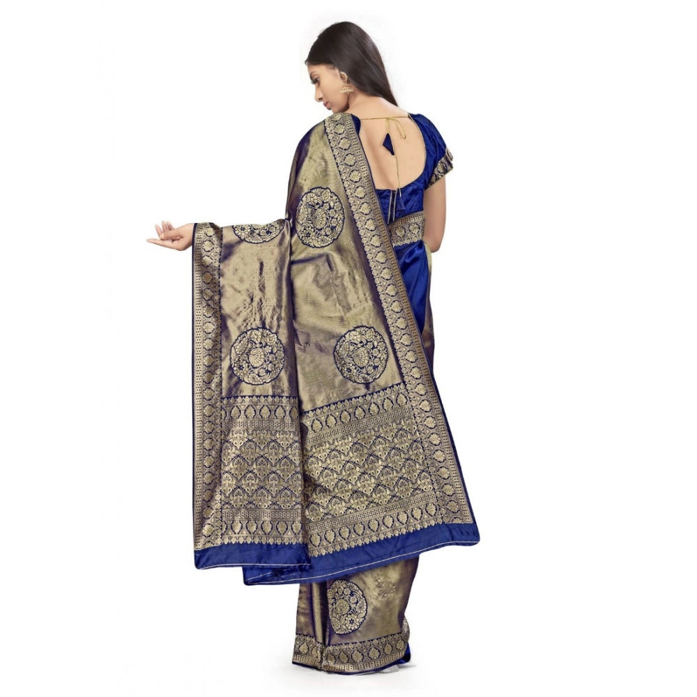 Generic Women's Banarasi Silk Saree (Navy Blue,5-6 Mtrs)