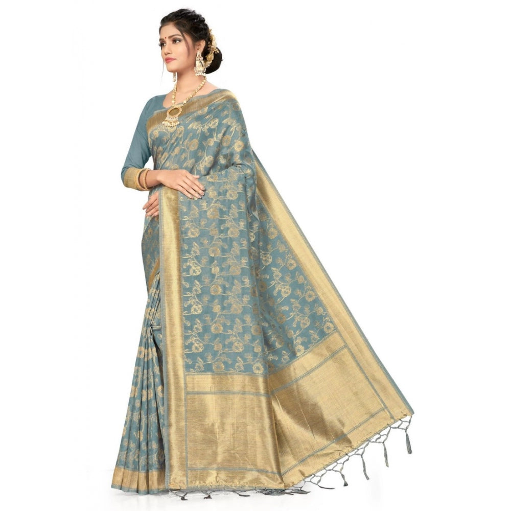 Generic Women's Banarasi (Spun Cotton) Saree (Grey,5-6 Mtrs)