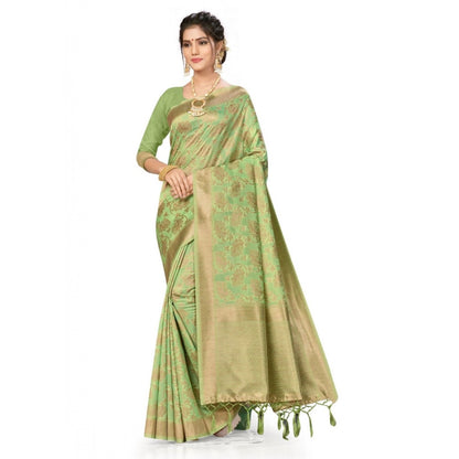 Generic Women's Banarasi (Spun Cotton) Saree (Pista Green,5-6 Mtrs)