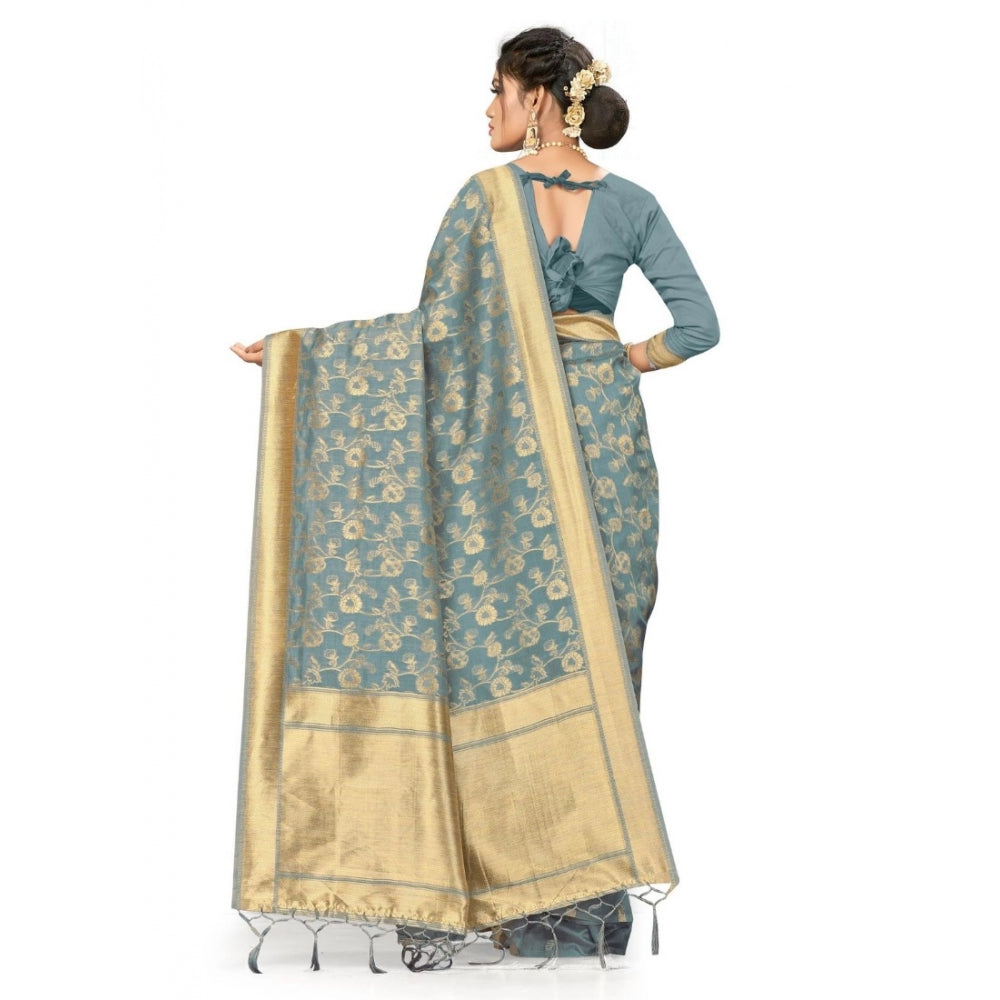 Generic Women's Banarasi (Spun Cotton) Saree (Grey,5-6 Mtrs)