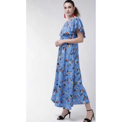 Generic Women's Crepe Floral Half Sleeves Full Length Gown(Blue)