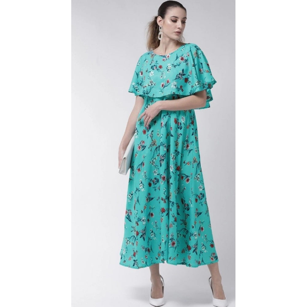 Generic Women's Crepe Floral Half Sleeves Full Length Gown(Turquoise)