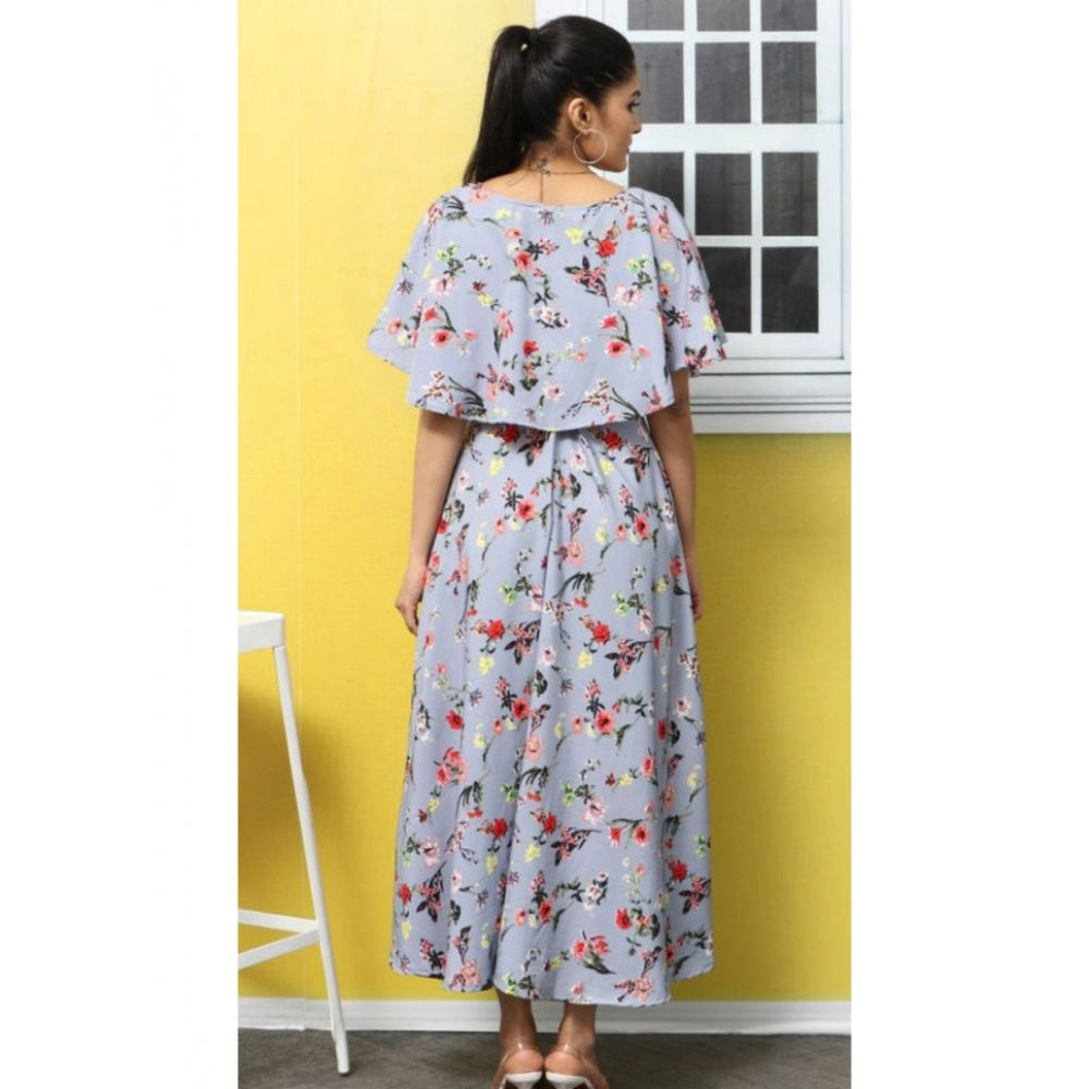 Generic Women's Crepe Floral Half Sleeves Full Length Gown(Light Grey)