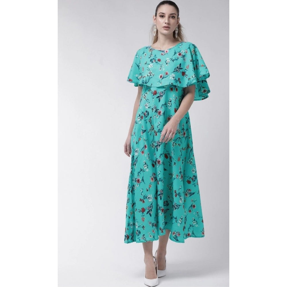 Generic Women's Crepe Floral Half Sleeves Full Length Gown(Turquoise)