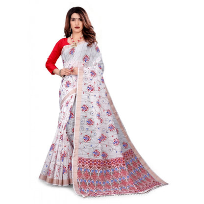 Generic Women's Cotton Blend Saree(White ,5-6Mtrs)