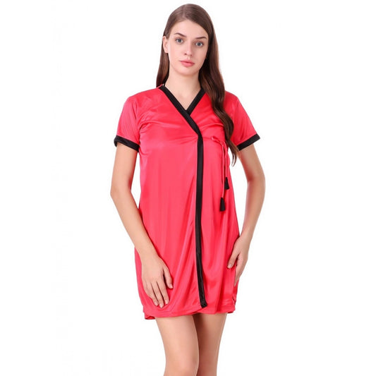 Women's Satin Short Wrap Gown with Half Sleeve(Color: Coral Red and Black, Neck Type: V Neck)