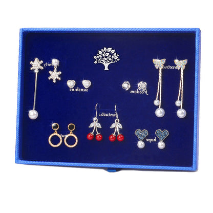 One Week Set S925 Silver Needle Snowflake Love Stud Earrings