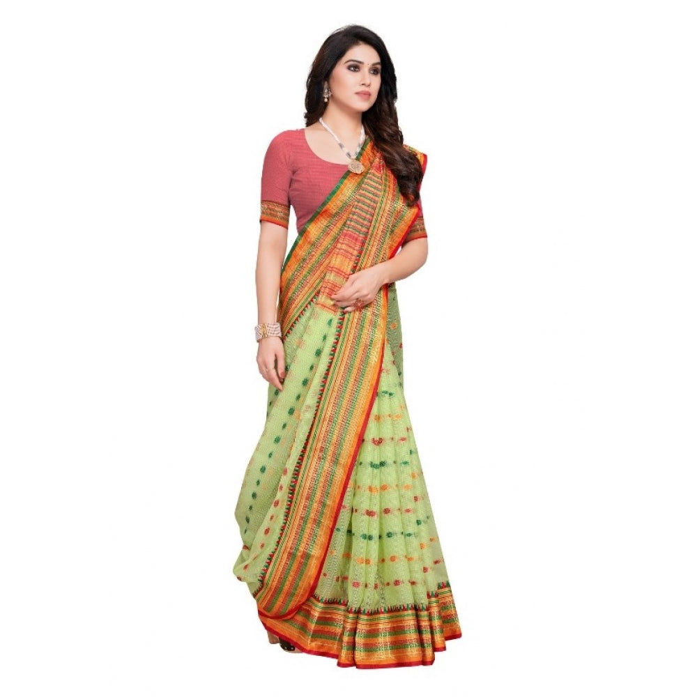 Generic Women's Kota Doria Cotton Woven Butta Saree With Blouse (Light Green, 5-6 Mtrs)