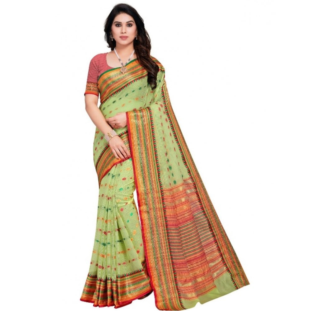 Generic Women's Kota Doria Cotton Woven Butta Saree With Blouse (Light Green, 5-6 Mtrs)