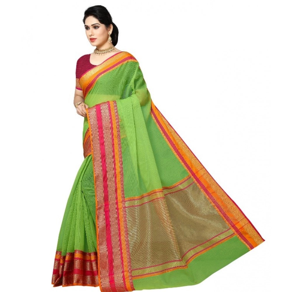 Generic Women's Kota Doria Cotton Border Saree With Blouse (Light Green, 5-6 Mtrs)