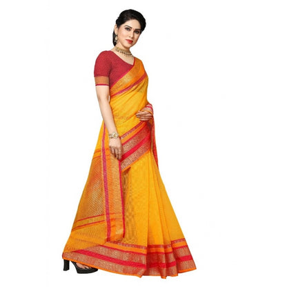 Generic Women's Kota Doria Cotton Border Saree With Blouse (Gold, 5-6 Mtrs)