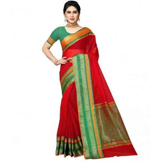 Generic Women's Kota Doria Cotton Border Saree With Blouse (Red, 5-6 Mtrs)