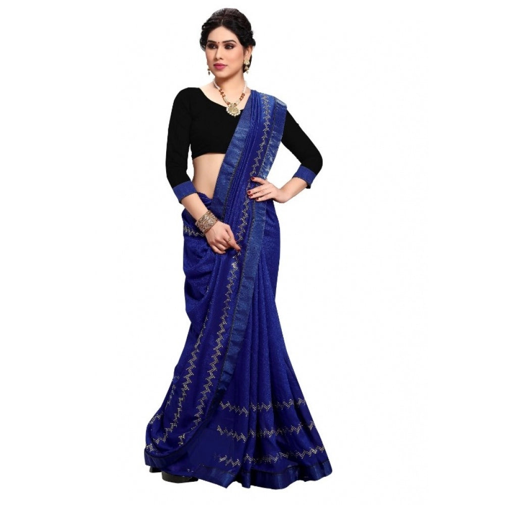 Generic Women's Vichitra Silk HotFix Stone Work Saree With Blouse (Blue, 5-6 Mtrs)