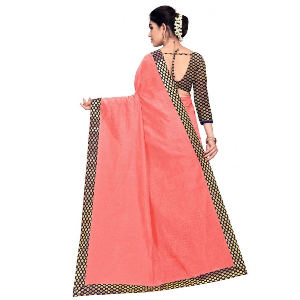 Generic Women's Chanderi Cotton Lace Border Saree With Blouse (Peach, 5-6 Mtrs)