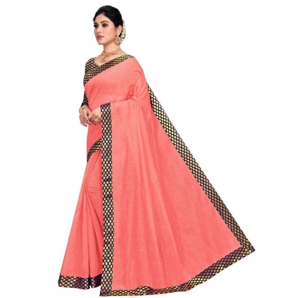 Generic Women's Chanderi Cotton Lace Border Saree With Blouse (Peach, 5-6 Mtrs)