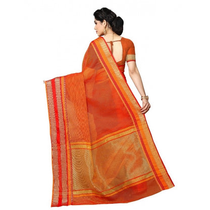 Generic Women's Kota Doria Cotton Border Saree With Blouse (Orange, 5-6 Mtrs)