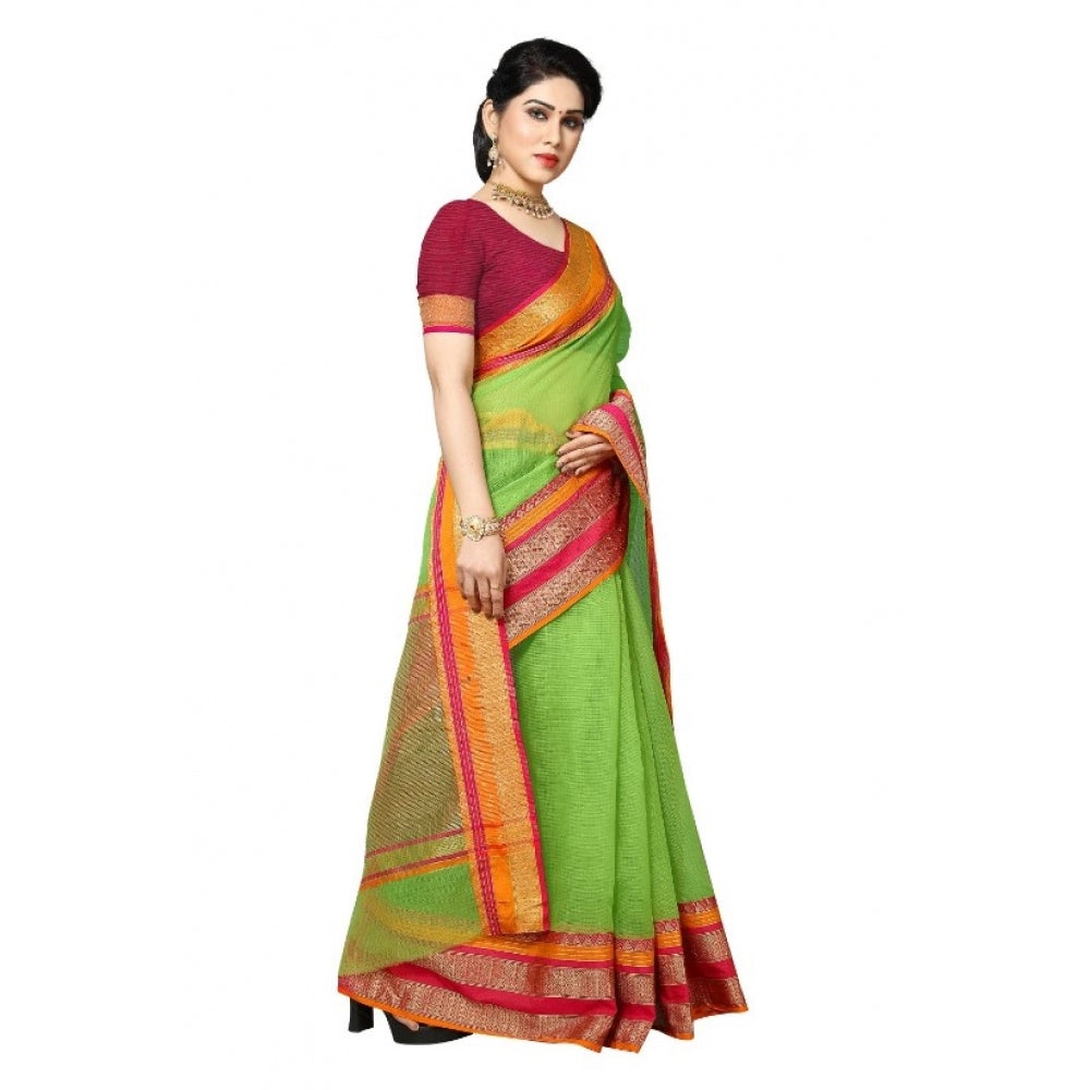 Generic Women's Kota Doria Cotton Border Saree With Blouse (Light Green, 5-6 Mtrs)