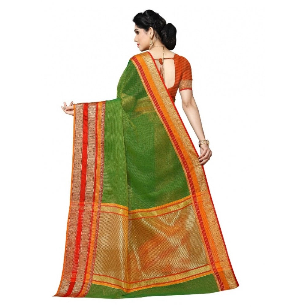 Generic Women's Kota Doria Cotton Border Saree With Blouse (Green, 5-6 Mtrs)