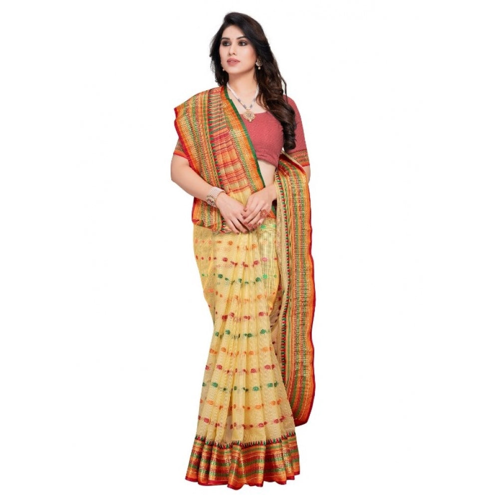 Generic Women's Kota Doria Cotton Woven Butta Saree With Blouse (Beige, 5-6 Mtrs)