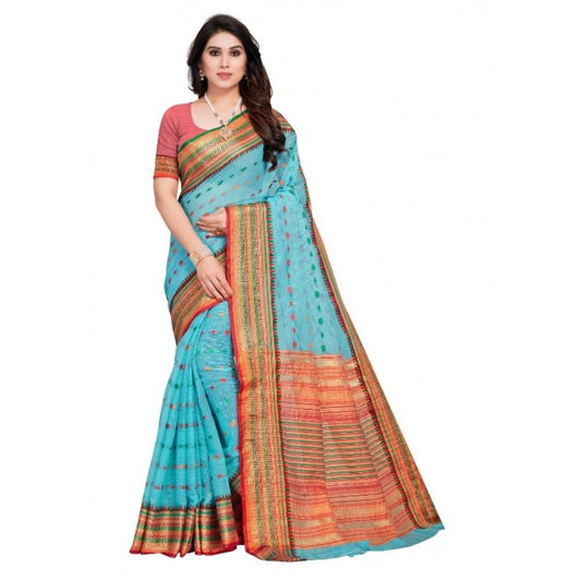 Generic Women's Kota Doria Cotton Woven Butta Saree With Blouse (Sky Blue, 5-6 Mtrs)