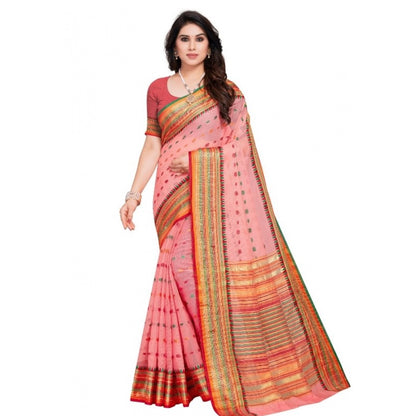 Generic Women's Kota Doria Cotton Woven Butta Saree With Blouse (Pink, 5-6 Mtrs)