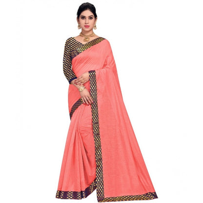 Generic Women's Chanderi Cotton Lace Border Saree With Blouse (Peach, 5-6 Mtrs)