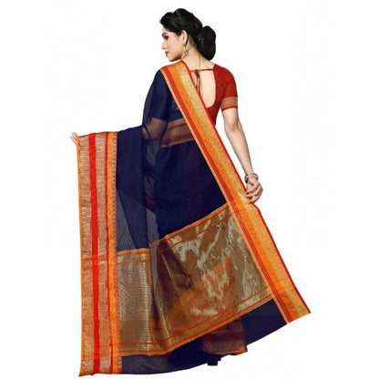 Generic Women's Kota Doria Cotton Border Saree With Blouse (Navy Blue, 5-6 Mtrs)