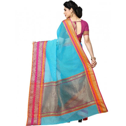 Generic Women's Kota Doria Cotton Border Saree With Blouse (Sky Blue, 5-6 Mtrs)