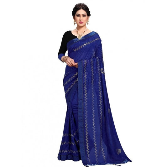 Generic Women's Vichitra Silk HotFix Stone Work Saree With Blouse (Blue, 5-6 Mtrs)