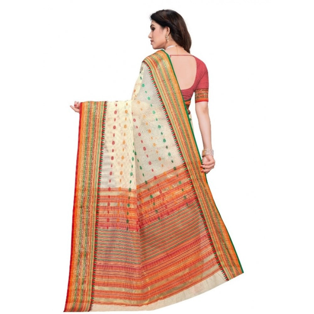 Generic Women's Kota Doria Cotton Woven Butta Saree With Blouse (Cream, 5-6 Mtrs)