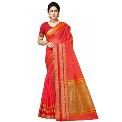 Generic Women's Kota Doria Cotton Border Saree With Blouse (Pink, 5-6 Mtrs)