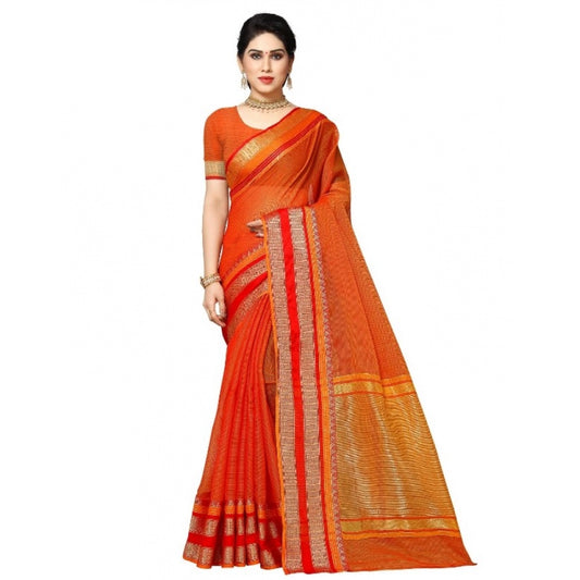 Generic Women's Kota Doria Cotton Border Saree With Blouse (Orange, 5-6 Mtrs)