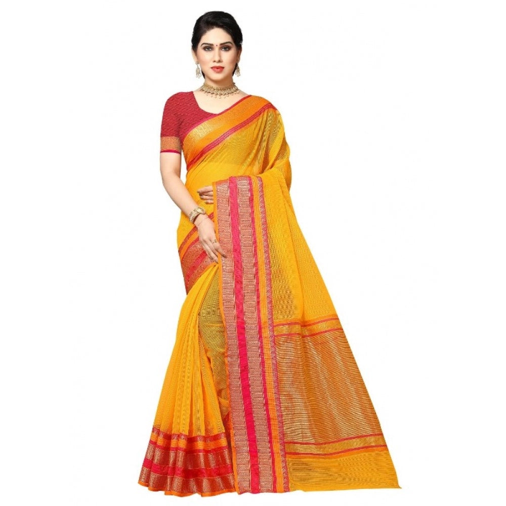 Generic Women's Kota Doria Cotton Border Saree With Blouse (Gold, 5-6 Mtrs)