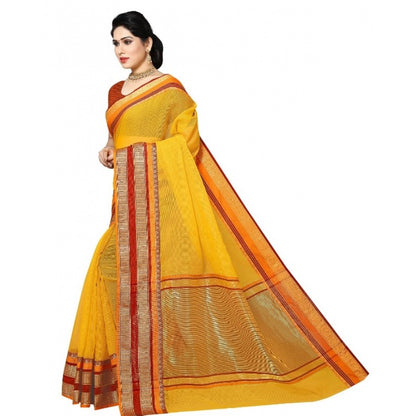 Generic Women's Kota Doria Cotton Border Saree With Blouse (Yellow, 5-6 Mtrs)