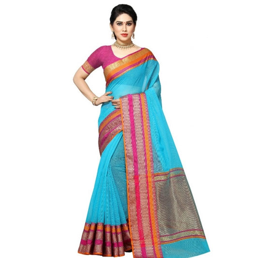 Generic Women's Kota Doria Cotton Border Saree With Blouse (Sky Blue, 5-6 Mtrs)