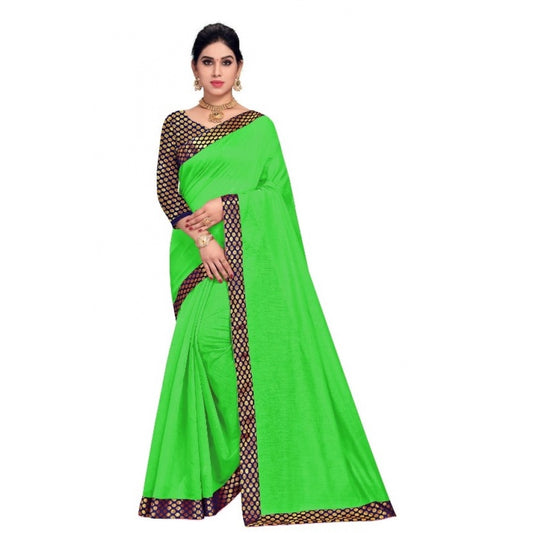 Generic Women's Chanderi Cotton Lace Border Saree With Blouse (Green, 5-6 Mtrs)