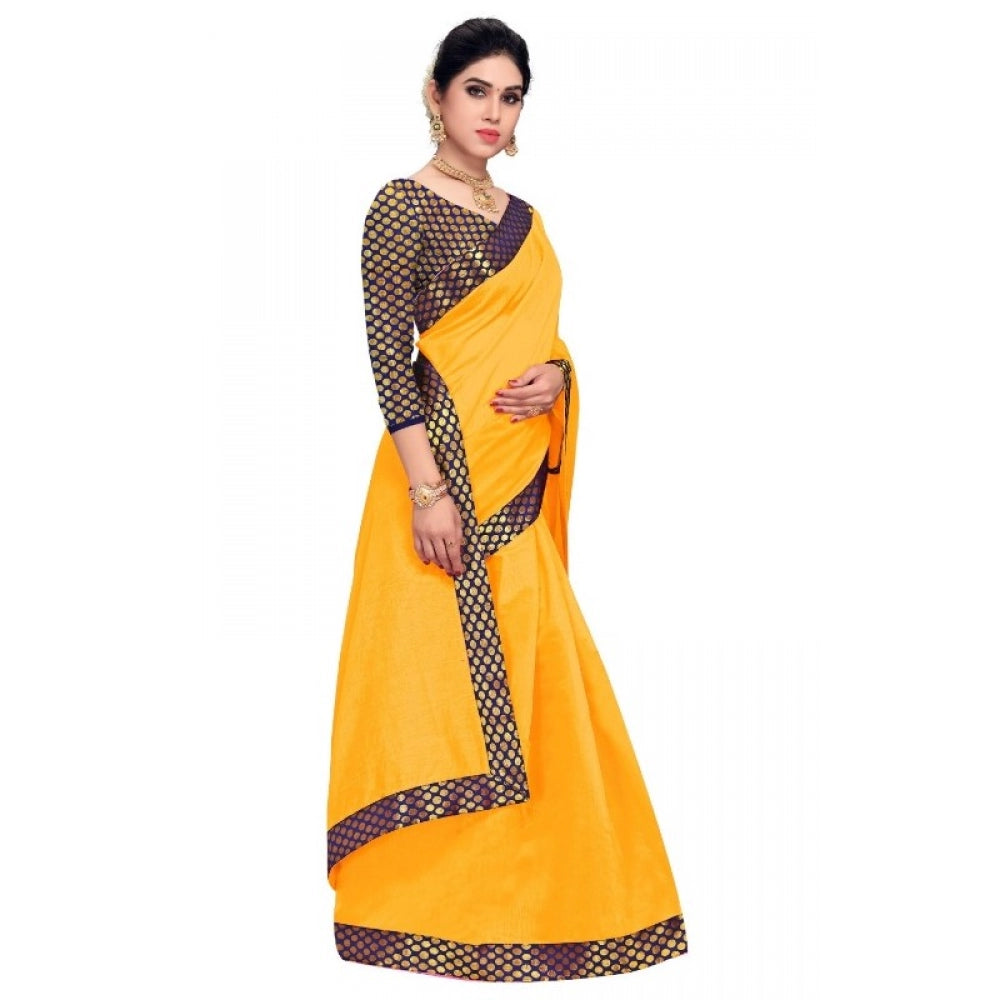 Generic Women's Chanderi Cotton Lace Border Saree With Blouse (Gold, 5-6 Mtrs)