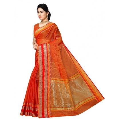 Generic Women's Kota Doria Cotton Border Saree With Blouse (Orange, 5-6 Mtrs)