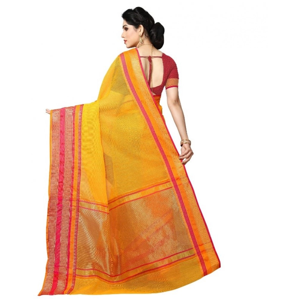 Generic Women's Kota Doria Cotton Border Saree With Blouse (Gold, 5-6 Mtrs)