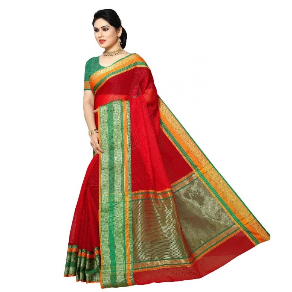 Generic Women's Kota Doria Cotton Border Saree With Blouse (Red, 5-6 Mtrs)