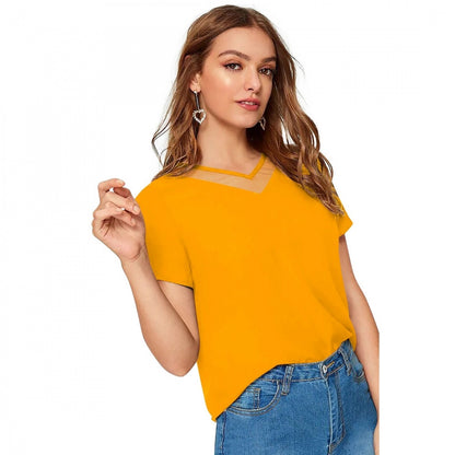 Generic Women's Polyester, Knitting Western Wear T-Shirt (Yellow)