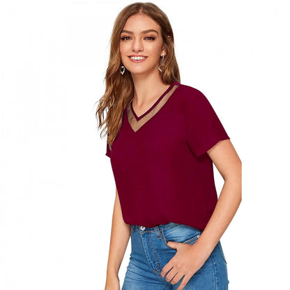 Generic Women's Polyester, Knitting Western Wear T-Shirt (Maroon)