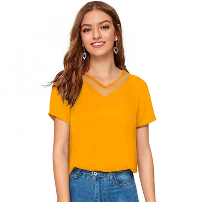 Generic Women's Polyester, Knitting Western Wear T-Shirt (Yellow)