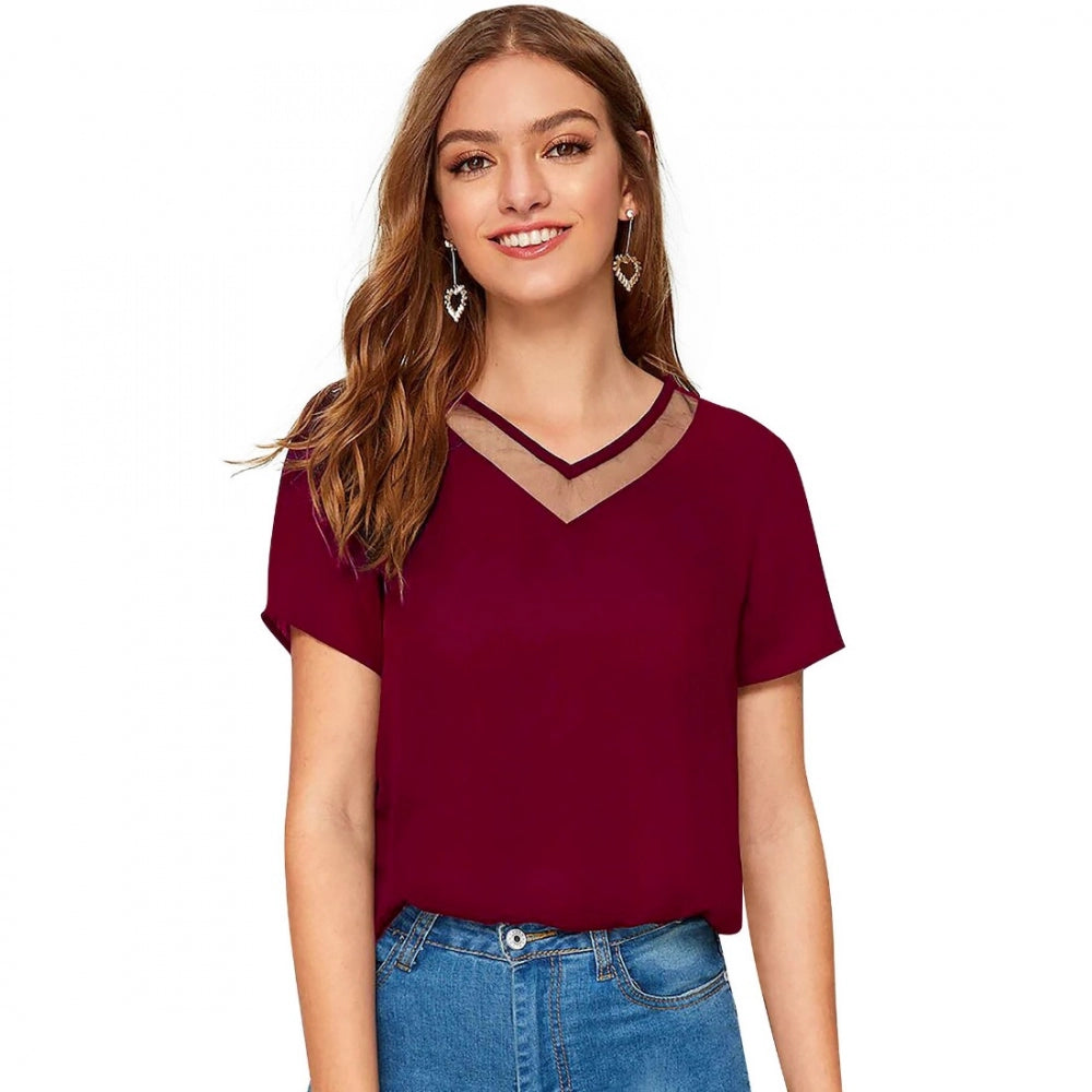 Generic Women's Polyester, Knitting Western Wear T-Shirt (Maroon)