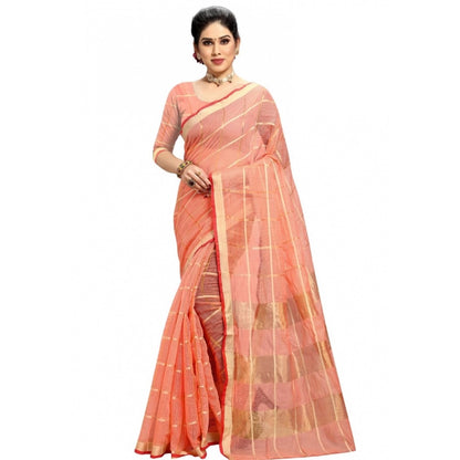 Generic Women's Kota Doria Cotton Checked Saree With Blouse (Peach, 5-6 Mtrs)