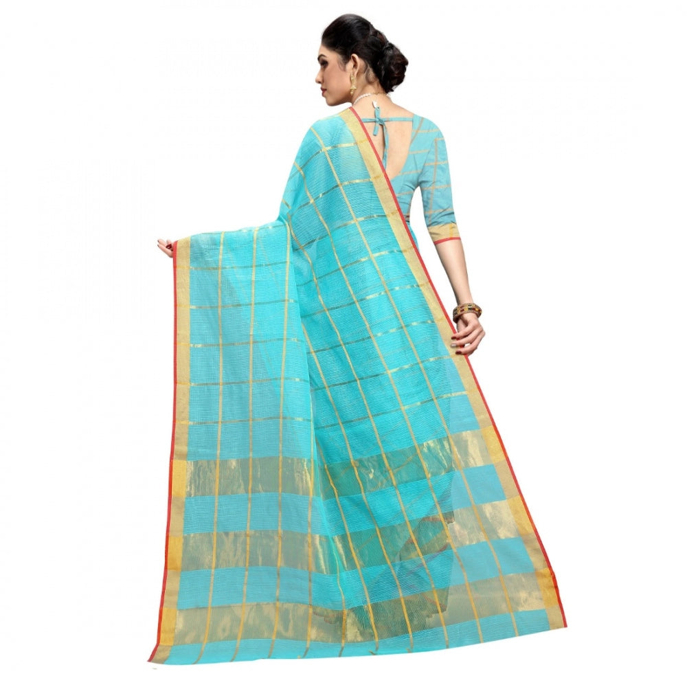 Generic Women's Kota Doria Cotton Checked Saree With Blouse (Sky Blue, 5-6 Mtrs)