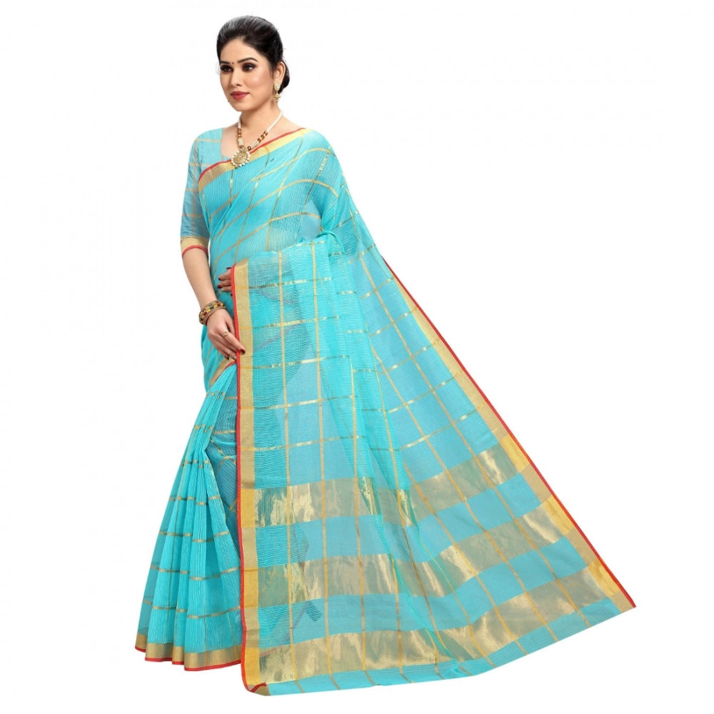 Generic Women's Kota Doria Cotton Checked Saree With Blouse (Sky Blue, 5-6 Mtrs)